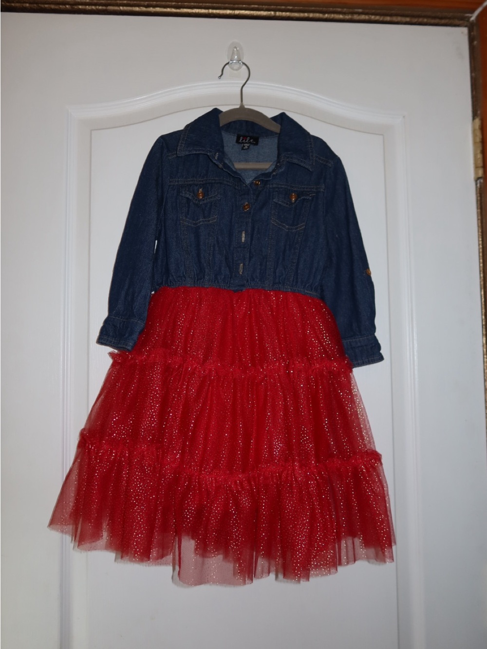 Girls' Denim Jacket Dress with Red Tulle Skirt